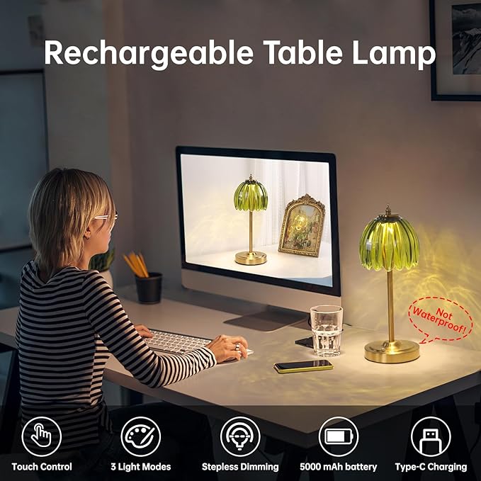 Set of 2 Cordless Table Lamp with 5000mAh Battery & Touch Control - 3 Adjustable Color Temperatures, Dimmable RechargeableTable Lamps for Bedroom, Office Desk, Nightstand (Green Tulip)