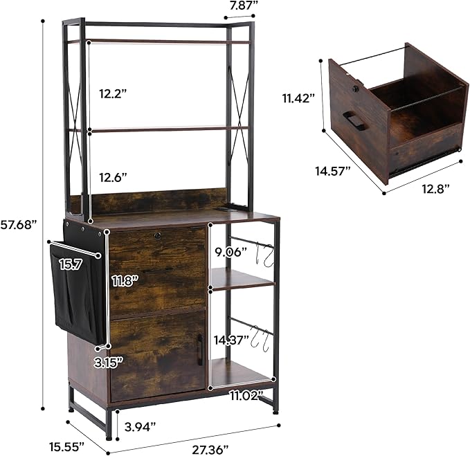 Vertical File Cabinet,Filing Cabinet with Shelves,Charging Station,Hanging Pouch and Hooks,Vertical Filing Cabinet Fits Letter/A4/Legal Size (Wood)