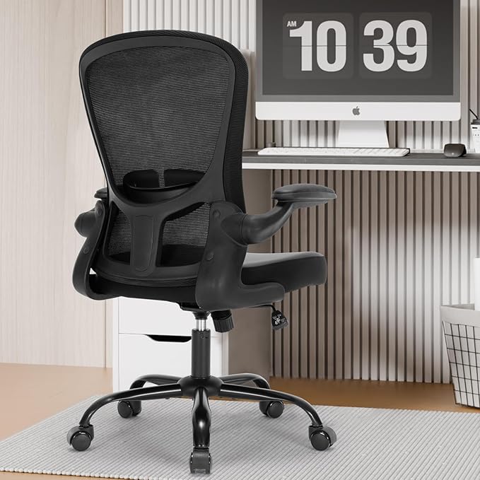 Office Chair, Ergonomic Desk Computer Chair with PU Leather Cushion, Home Office Desk Chairs with Flip-Up Arms and Adjustable Lumbar Support