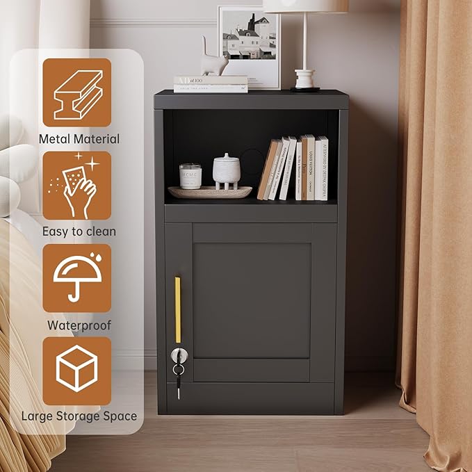 Metal Black Nightstand with Lockable, 27.56" Small End Table Storage Cabinet with Door and Adjustable Shelf, Versatile Side Table for Bedroom, Living Room or Office (Black)