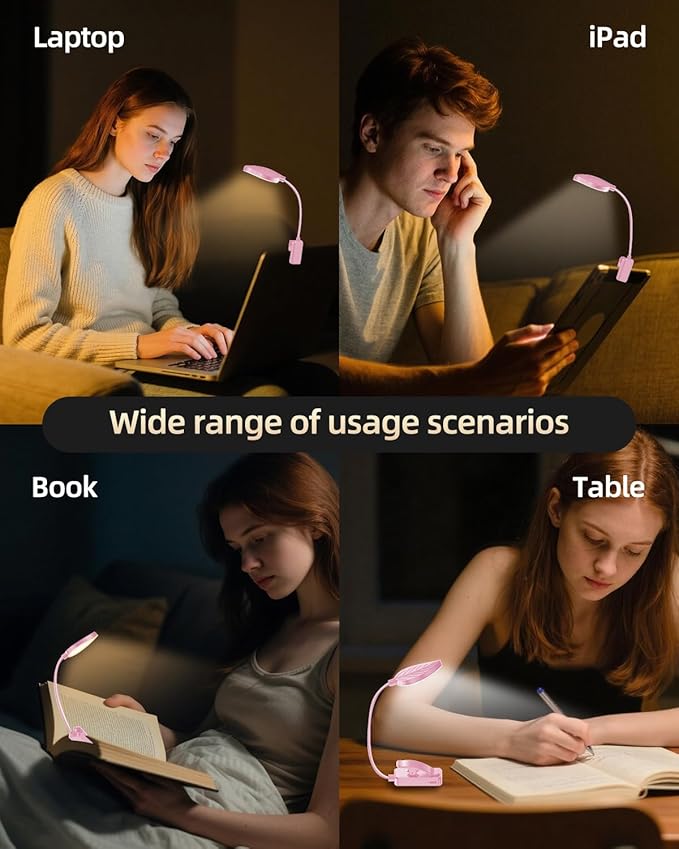 Rechargeable Book Lights for Reading at Night - Eye,3 Color Temperatures,3 Brightness Levels,Flexible Goose Neck Clip on Light,Reading Lights for Books in Bed with Power Indicator Bookworms (Pink)
