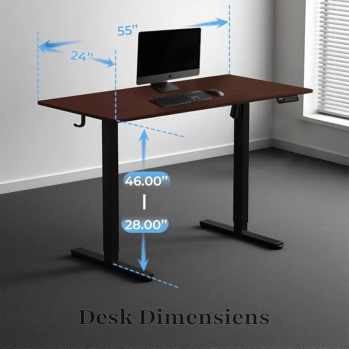 NSY Audio Electric Standing Desk 55x24 Inches - Height Adjustable, Whisper Quiet Motor, Walnut Top & Black Frame for Home Office Gaming, Focused Work, White