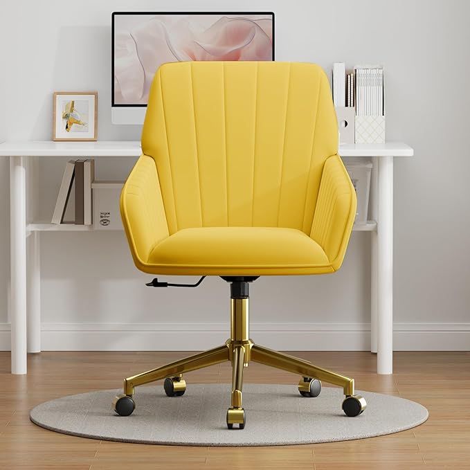 YISHENG Velvet Office Desk Chair with Gold Base, with Wheels,Modern Height Adjustable 360 Degree Swivel Upholstered Vanity Chairs with Arms for Living Room Bedroom.Yellow
