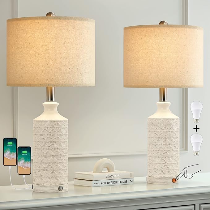 PoKat 24" Modern Contemporary Ceramic Lamp Set of 2 for Living Room White Desk Decor Lamps for Bedroom Farmhouse Bedside Nightstand End Table Lamps, White and Grey