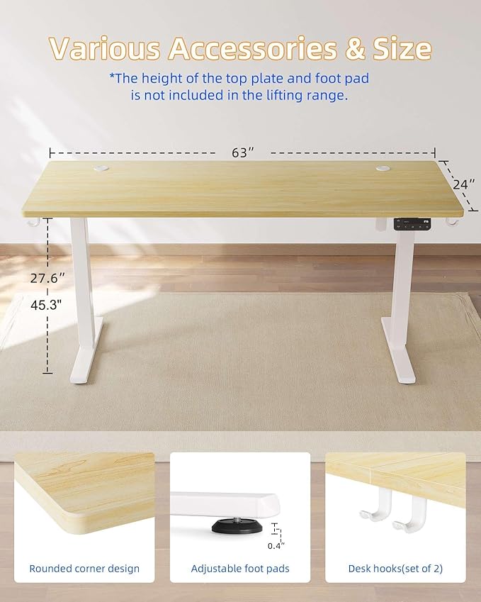 YIHAYO Electric Standing Desk, 63 x 24 Inches Stand Up Desk with Splice Board, Adjustable Height Desk, Computer Desk for Home Office, White Frame/Natural Top