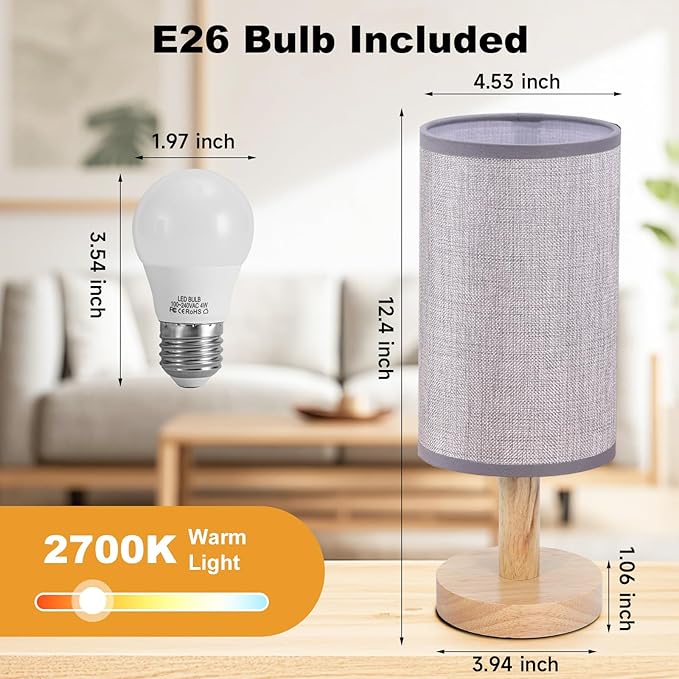 Gray Small Bedside Table Lamp for Bedroom,Natural Round Wood Base&Fabric Linen Shade,Cozy Night Table Light for Study Reading,Minimalist Boho Desk Lamp for Nightstand,Living Room,Nursery,Kitchen,Dorm