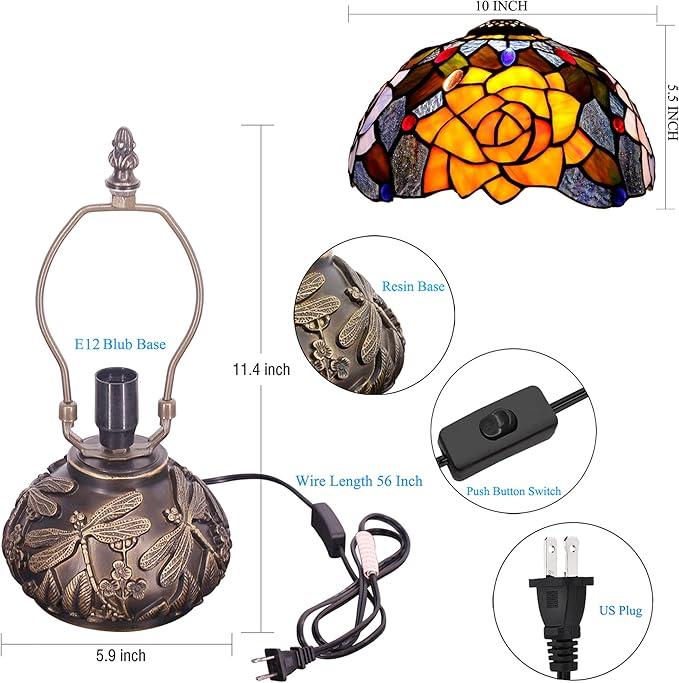 Small Tiffany Table Lamp Yellow Purple Rose Style Stained Glass Desk Lamp 10X11.5 Inch Mushroom Table Light for Office Home Living Room Bedroom