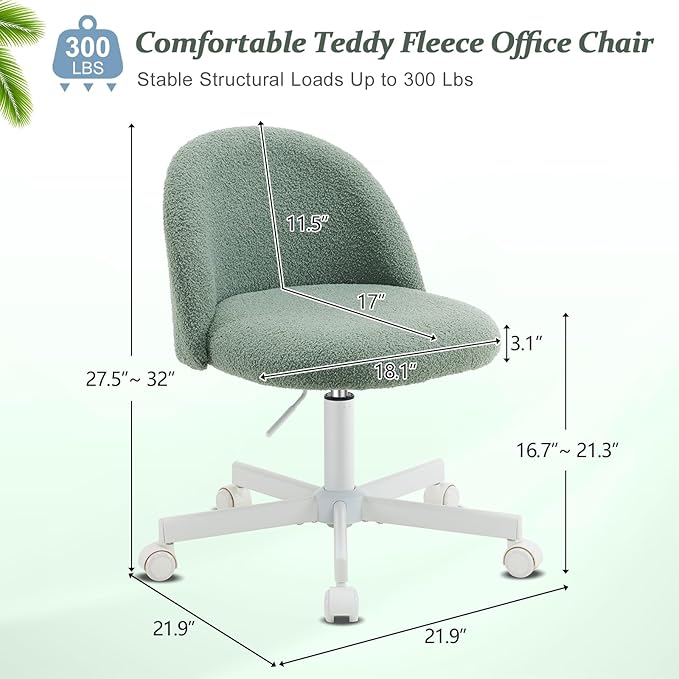 VINGLI Cute Candy Chair Armless Comfy Small Office Desk Vanity Chair with Wheels & Lumbar Support,Teddy Adjustable Rolling Swivel Computer Task Ch for Home Office,Bedroom,MintGreen