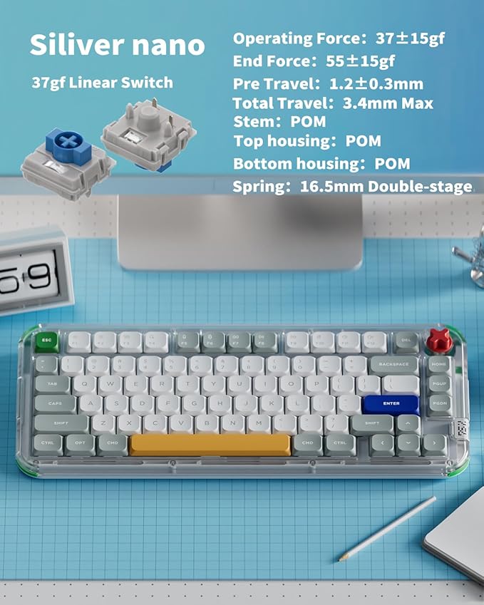 nuphy Kick75 Wireless Low Profile Mechanical Keyboard with Volume Knob,75% Hot Swappable Custom Keyboard,80 Keys RGB Backlit with PBT Keycaps,BT/2.4G/USB-C (Silver Nano Switch)