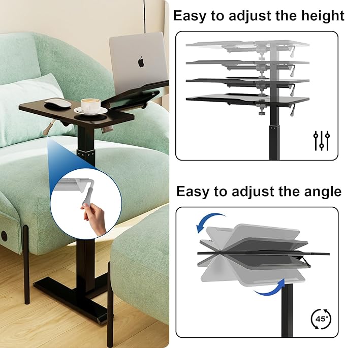 PUNCIA Height Adjustable Overbed Table with Pneumatic Lift and Wheels Split Top Tilting Tray and Rolling Laptop Desk – Bedside Cart for Reading Computer Work Study in Bedroom and Home Office