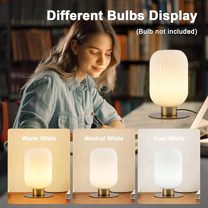 Mid Century Modern Bedside Lamp Set of 2, White Nightstand Lamp Glass Bedside Lamp with Round Metal Base, Vintage Gold Table Lamp Small Table Lamp for Bedroom Living Room Office