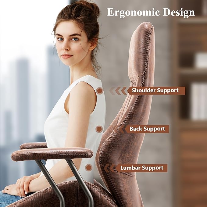 Mid Century Modren Office Chair - Fuax Leather Suede Brown Executive Chairs Ergonomic Mid Back with Lumbar Support, Swivel Computer Desk Task Chair with Wheels for Home Office (Dark Brown, Hign Back)