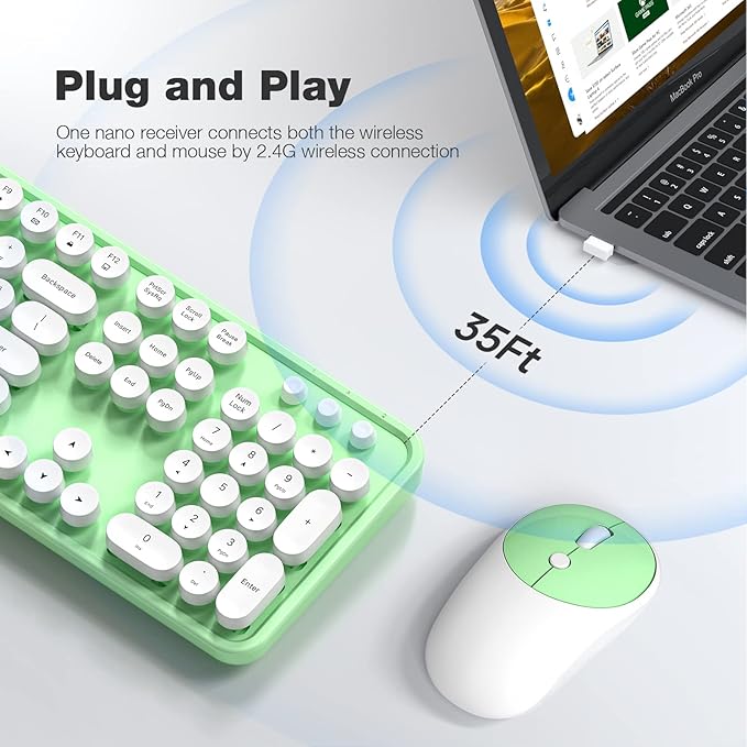 Wireless Keyboard and Mouse Combo - GEEZER Green-White Full-Sized Colorful Keyboard 104 Keys - USB 2.4 G Receiver Plug and Play with Round Keycap Typewriter Keyboards, for Windows, PC, Laptop, Desktop
