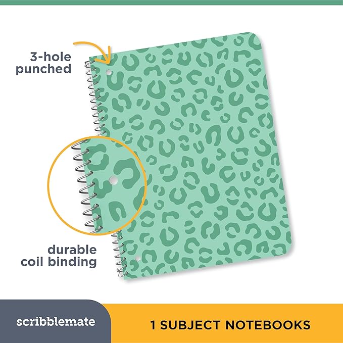 Spiral Notebooks College Ruled 1 Subject Spiral Notebook Pack of 12 Assorted Soft Colors, 8 x 10 1/2 Inch, 70 Sheets, Leopard Pattern Notebooks for Work & School