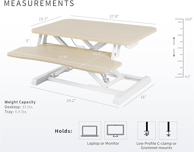 VIVO 28 inch Desk Converter, K Series, Height Adjustable Sit to Stand Riser, Dual Monitor and Laptop Workstation with Keyboard Tray, Light Wood Top, White Frame, DESK-V028KF