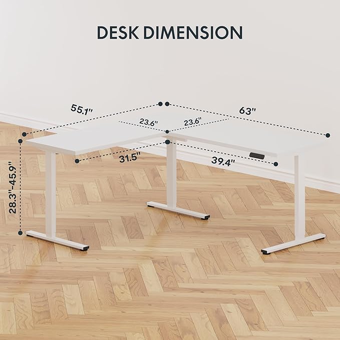 SANODESK Electric Corner L-Shaped 63 x 55 in Standing Desk, Memory Height Adjustment, White Top White Frame