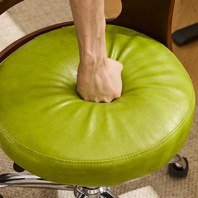 VINGLI Armless Home Office Desk Chair, Adjustable Swivel Chair,Dual-Use with/no Wheels,Small Retro Designed Walnut Curved Task Chair,Cushioned Nail Tech Chair for Study Area,Workspace,PU,Grass Green
