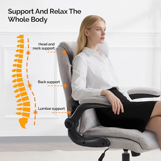 VINGLI Rolling Ergonomic Office Desk Chair with Padded Flip-up Arms, 360° Swivel High Back Executive Computer Chair with Wheels for Game,Home Small Space, Study Room, Reading Room, Linen Light Grey
