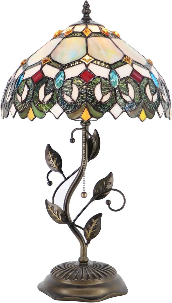 Tiffany Table Lamp, Stained Glass Style Desk Lamp, 12X12X19 Inch,Bedside Reading Light, Metal Leaf Base (Seven Color Baroque)