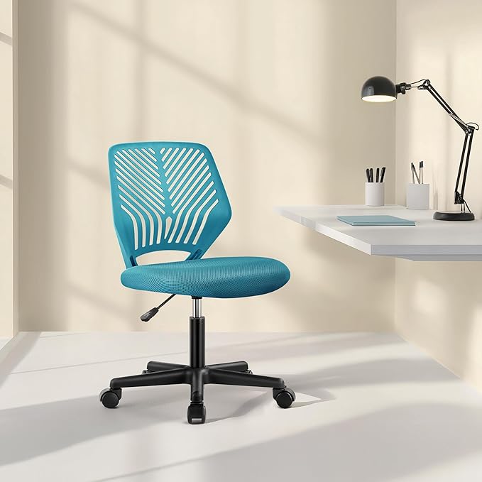 Yaheetech Kids Cute Office Chair Low-Back Armless Study Chair w/Lumbar Support Adjustable Height for Children in Bedroom School, Turquoise