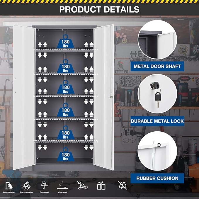 Metal Storage Cabinet-72” Tall Steel File Cabinets with Lockable Doors and 5 Adjustable Shelves-Gray&White Steel Storage Cabinet for Home, School, Office, Garage