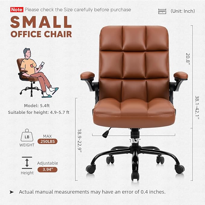 SEATZONE Executive Office Chair Small PU Leather Desk Chair with Wheels,Ergonomic Computer Swivel Rolling Task Chair with Back Support,Brown