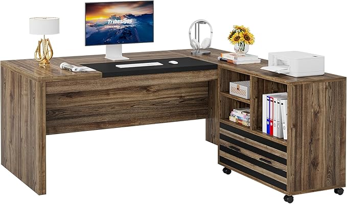 Tribesigns 62.2" Executive Desk with Mobile File Cabinet, L-Shaped Office Desk with Storage Shelves, Large Computer Desk Business Workstation Set for Home Office, Light Brown