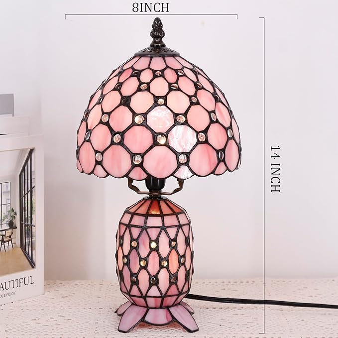 Small Tiffany Lamp Stained Glass Table Lamp Mini Mother Daughter Vase Desk Accent Night Light for Bedroom Bedside Reading Home Antique Style 8X14 Inches (Pink)