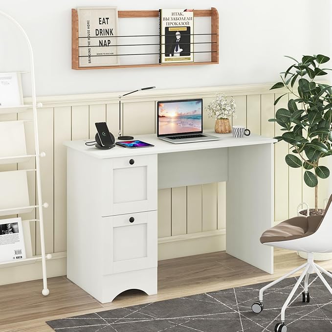 Tangkula White Desk with Drawers & Charging Station, Wooden Home Office Desk PC Laptop Notebook Desk, Compact Study Desk Writing Desk, Computer Workstation Ideal for Home & Office