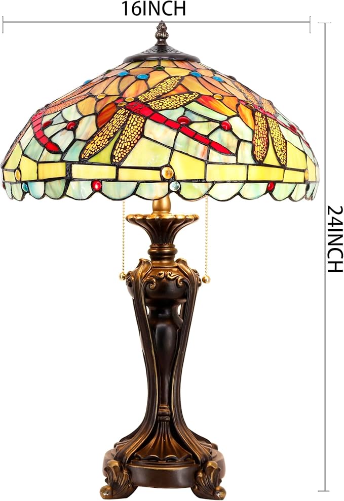 Tiffany Stained Glass Table Lamp 16X16X24 Inch Green Red Dragonfly Style Desk Bedroom Living Room Antique Reading Light (Green Red Dragonfly)