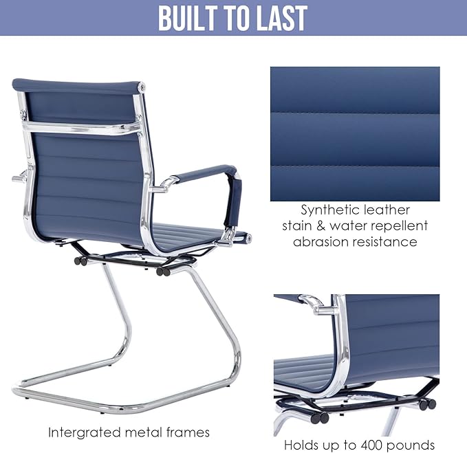 Wahson Office Guest Chairs Set of 8, Leather Reception Chairs, Mid Back Waiting Room Chair, Conference Chairs with Sled Base, Desk Chair No Wheels for Meeting/Lobby/Restroom, Navy Blue