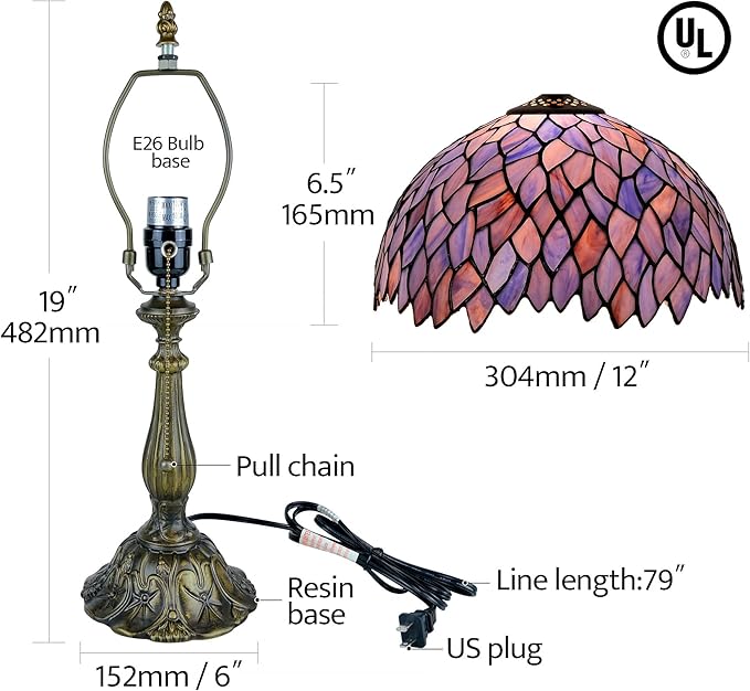 Tiffany Style Table Lamp Vintage Stained Glass Desk Lamp Deep Blue Purple Wisteria Bedside Reading Light Decor Bedroom Living Room Home Office D12 xH18