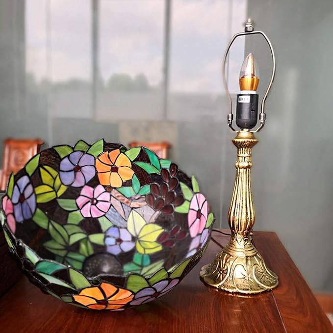 Tiffany Table Lamp Hand-Made Grape Rose Stained Glass Table Lamps Bedside Nightstand Lamp for Bedroom, Living Room, Home Office Desk Lamp,Home Deco Art,W/LED E26 Bulb,12X12X18Inch