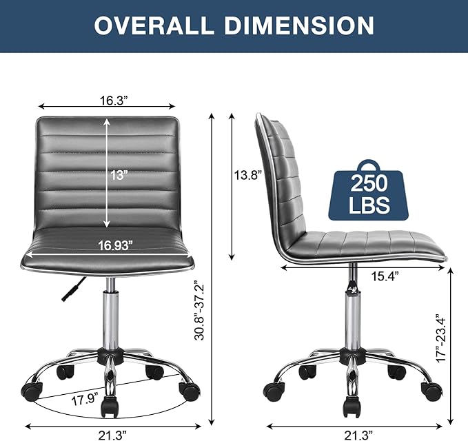 BOSSIN Adjustable Home Office Chair, Mid-Back Armless Ribbed Swivel Task Chair,Vanity Chair for Small Space, Living Room, Make-up, Studying (Gray)