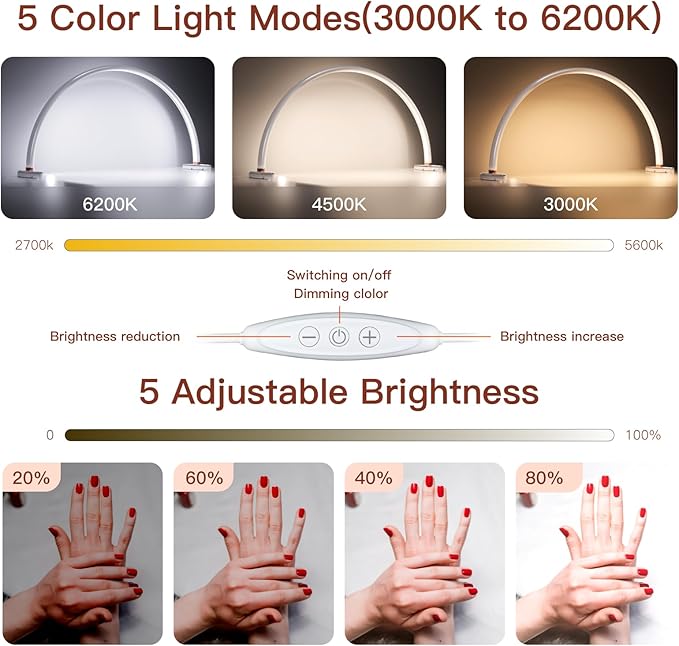 Half Moon Light for Nail Desk,16 inch Half Moon Lamp,Portable Ring Light for Eyelash Extensions,Suitable for Nail Beauty Crafts Sculpture,Brightness Adjustable