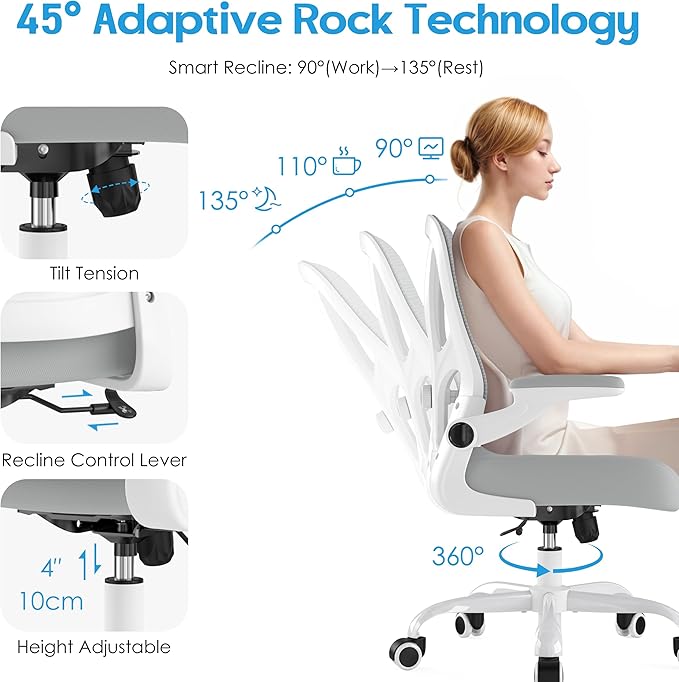 Office Chair Ergonomic Desk Chair - Mesh Computer Chair Breathable Task Chair with Wheels Adjustable Lumbar Support Home Desk Office Chairs Flip up Armrest Executive Rolling Swivel White
