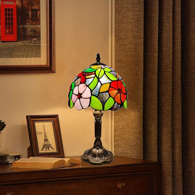 Tiffany Small Table Lamp 3-Way Color Temperatures Grape Rose Flower Stained Glass Lamps for Living Room Bedroom Bedside Nightstand Home Office Desk Night Light+LED Bulb 8X8X15Inch