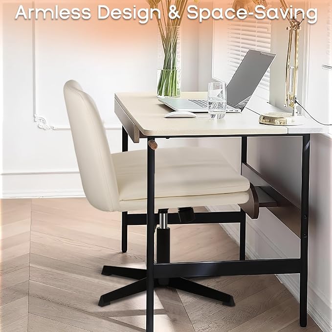 PUKAMI Criss Cross Legged Office Chair,Armless Office Desk Chair No Wheels,PU Leather Modern Swivel Vanity Chair,Height Adjustable Wide Seat Mid Back Computer Task Chair for Home Office
