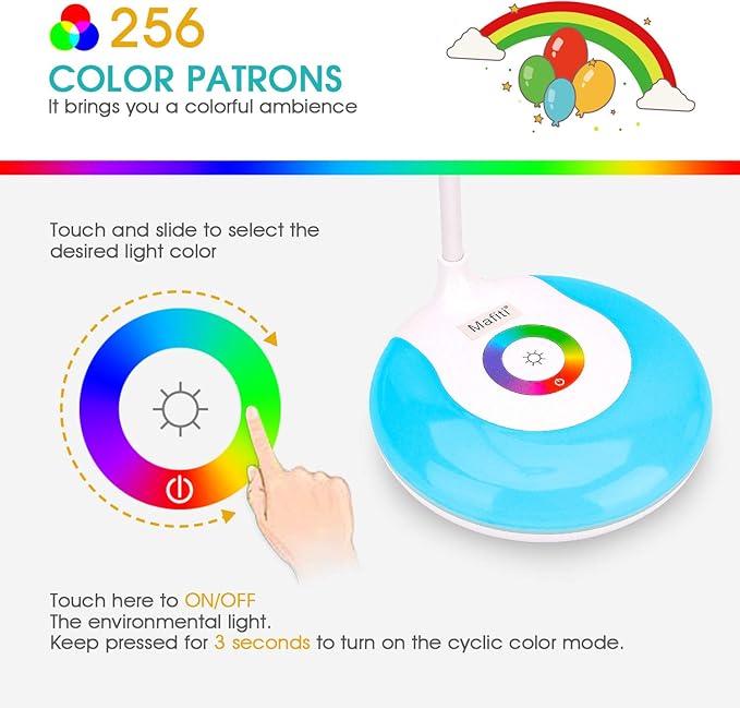 mafiti LED Desk Lamp Cordless Rechargeable Battery Operated Table Light Adjustable Gooseneck Dimmable Touch Control Color Changing RGB Eye-Caring Base Night Light for Kids with USB Charging Cable