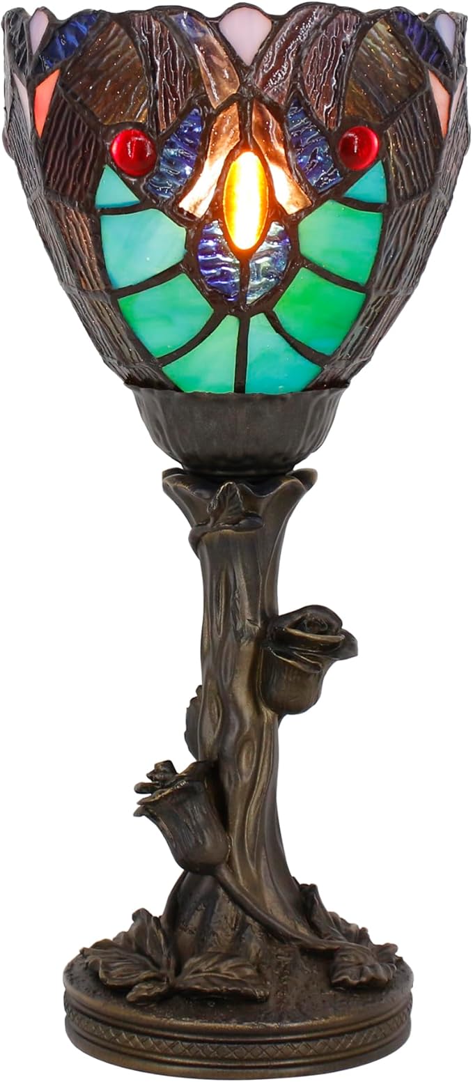 Small Tiffany Lamp Mini Stained Glass Table Lamp Green Liaison Accent Desk Uplight W6 H13.5 Inch Bronze Resin Base