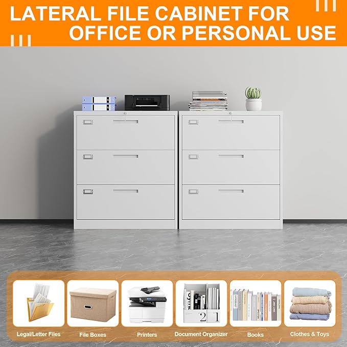 Lateral File Cabinet, Metal Filing Cabinet with Lock, 3 Drawer File Cabinets for Home Office, Office Cabinet for Hanging Files Letter/Legal/F4/A4, Assembly Required, White