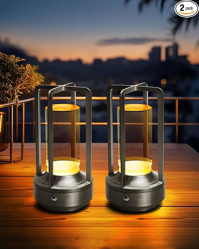Set of 2 Cordless Table Lamps, LED Rechargeable Battery Operated Desk Lamps with 3 Color Stepless Dimmable, Small Light Portable for Outdoor Patio Bar Restaurants Bedroom Bedside (Silver)