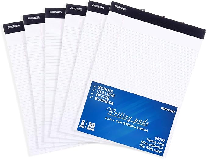 Mintra Office Legal Writing Pads – White Narrow Ruled Paper for Writing & Note-Taking – Ideal Notepads for Business, College, School & Office Use – 8.5" x 11" (6 Pack)
