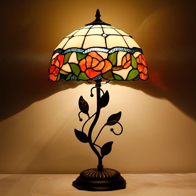 Tiffany Lamp Rose Flower Style Stained Glass Table Lamp Desk Bedside Reading Light 12X12X19 Inches with Metal Leaf Base Decor Bedroom Living Room