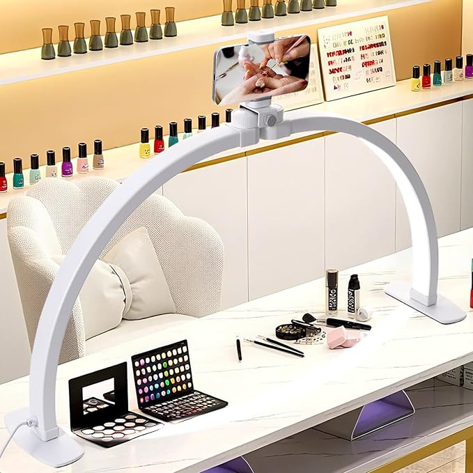 Half Moon Light for Nail Desk, Nail Light for Desk with Phone Holder and 10 Adjustable Brightness and 3 Color Temperature for Manicure, Tattoos, Eyebrows