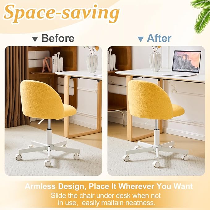VINGLI Candy Chair Armless Cute Desk Chair,Comfy Small Office Chair with Wheels,Vanity Chair Lumbar Support,Teddy Adjustable Rolling Swivel Computer Task Chair for Home Office,Bedroom,Sunny Egg Yellow