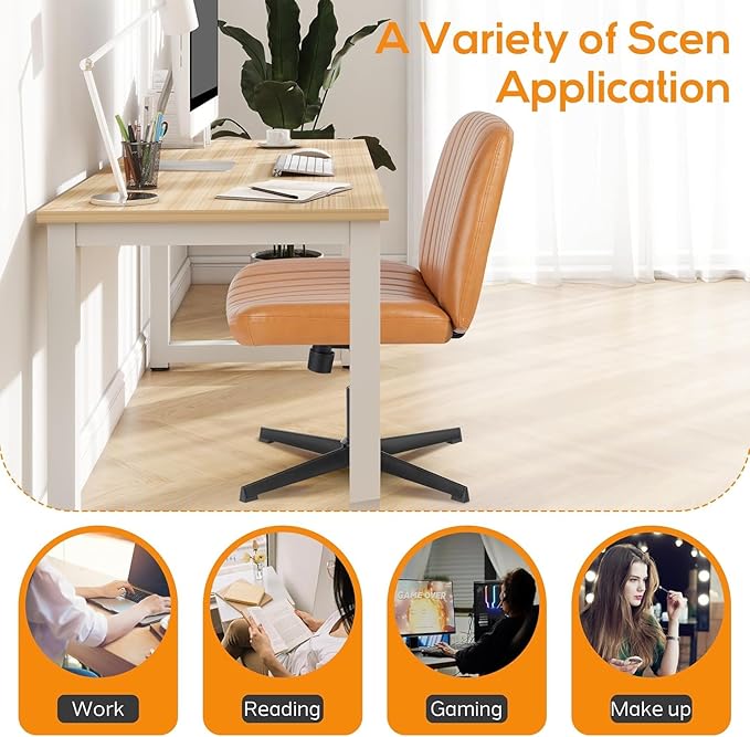 DUMOS Criss Cross Chair Legged Office Wide Comfy Desk Seat, No Wheels Armless Computer Task Seating, Swivel Vanity Home Height Adjustable