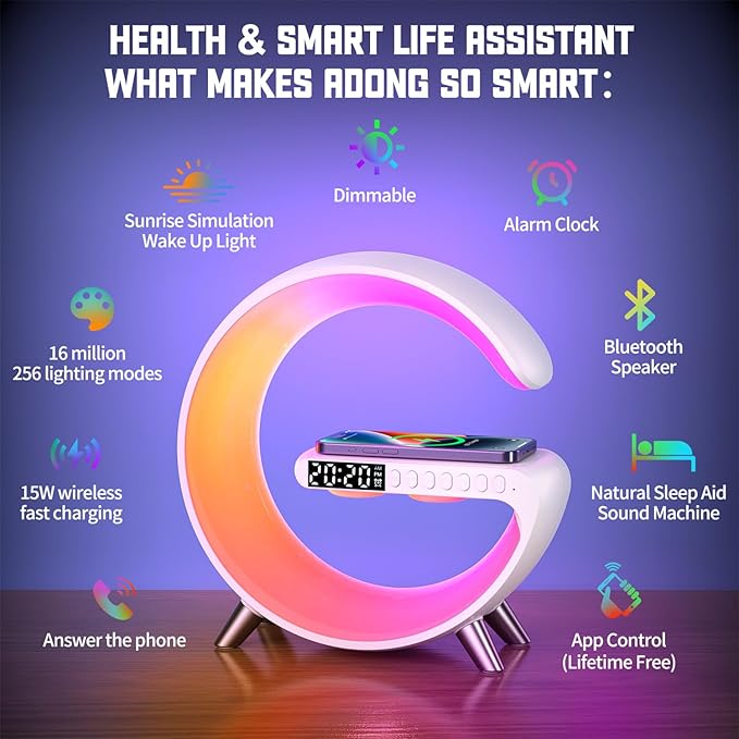 Smart LED Table Bedside Lamp with Bluetooth Speaker & App Control, 15W Fast Wireless Charging Station Dock, Sunrise Alarm Clock, Cool Night Light, for Bedroom, Home Decor, Birthday, Christmas Gifts