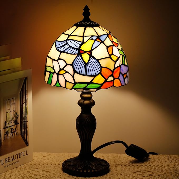 Small Tiffany Lamp Stained Glass Table Lamp Mini Desk Accent Light for Bedroom Bedside Reading Home Antique Style Decor 8X15 Inches (Hummingbird)
