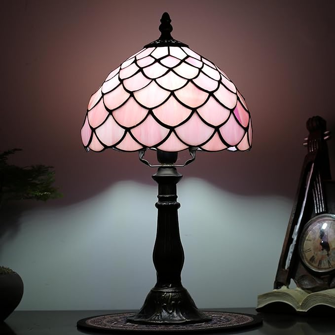 Tiffany Small Table Lamp for Bedroom Bedside Nightstand Table Lamps for Living Room 3 Way Color Temperatures Stained Glass Table Lamp 8X8X15 Inch Home Office Reading Desk Lamp (pink fish scales)